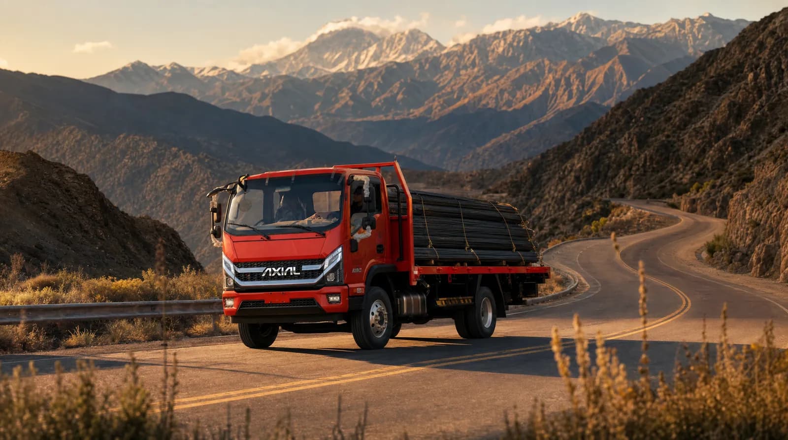 Camión AXIAL M6 Series rojo sobre ruta de montaña